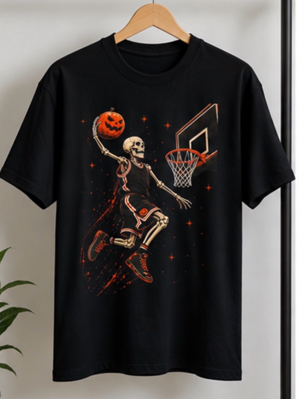 Skeleton Basketball Graphic Tee in Black with Orange Accents Halloween Size L